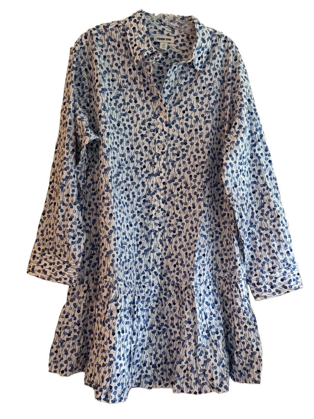 Lands’ End M 10-12 Blue White Floral Cotton Flounce Button Front Shirt Dress